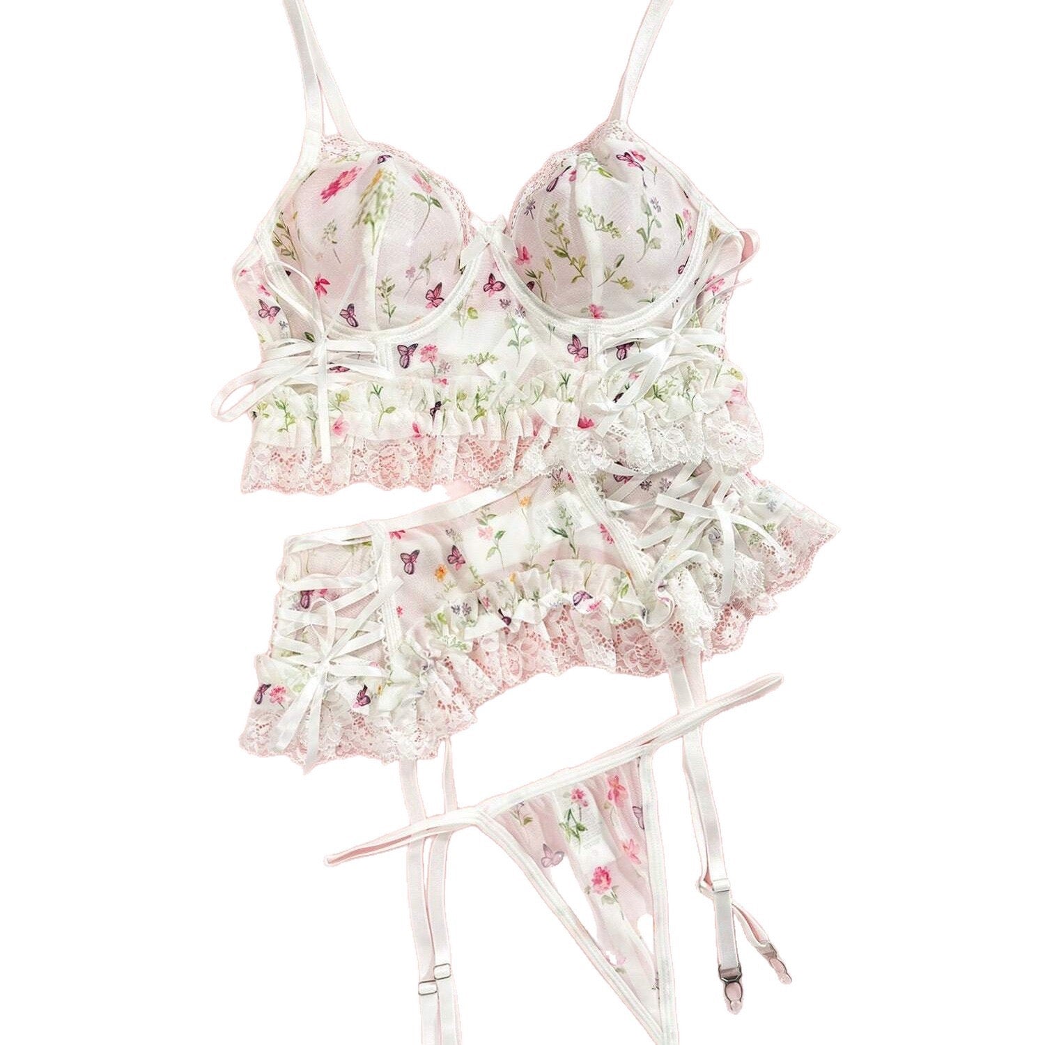 White Ditsy Floral Corset Bustier Garter Lingerie Outfit